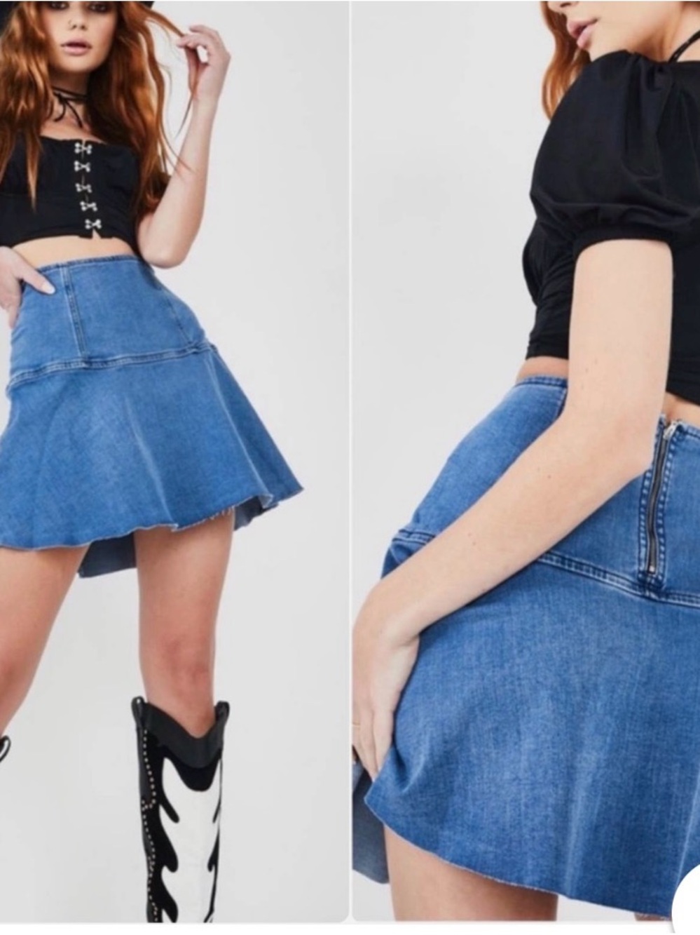 Free People Denim Jean Skirt 0 XS Med Wash Frayed Raw Hem Mini High Waist skater